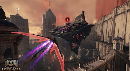 DOOM The Dark Ages dragon flight near a fortress while checking final campaign objectives