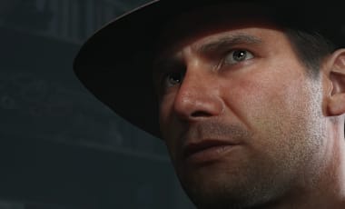 Close-up of Indiana Jones' face in a dark room