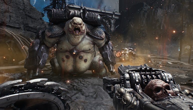 Two giant demons facing the player in DOOM The Dark Ages, useful for tuning Threat Detector and Enhanced Targeting on Steam Deck