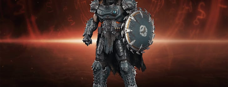 Art of the Slayer in a blue-grey and gold accent color scheme. The Shield Saw bears the same colors as well as a Slayers Club logo.