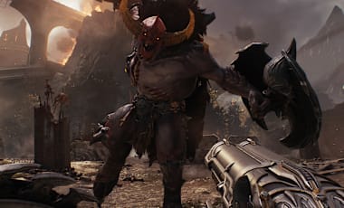 Super Shotgun and Shield Saw in hand, the player stands their ground against a charging demon.