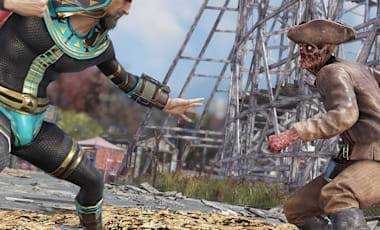 Two characters, a human and a ghoul, facing one another prepared to fight. They stand in front of a wooden rollercoaster in a rundown amusement park. 