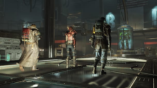 Fallout 76 screenshot of three players approaching an Ultracite-covered suit of Power Armor