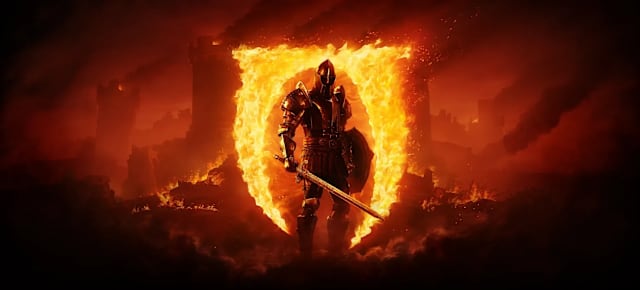 A knight stands in front of the burning Oblivion logo