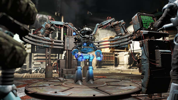 파워 아머 착용자자 벽으로 둘러싸인 투기장에서 적 괴물과 마주합니다