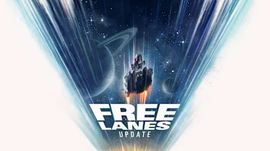 A spaceship flies over the Starfield Free Lanes Update logo