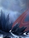 View of a red ringed planet from a rocky surface.
