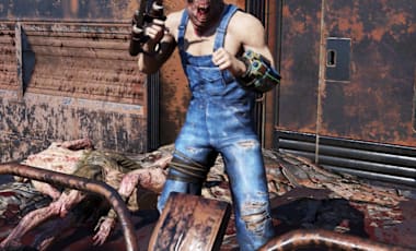 A character wearing worn blue jean overalls, a feral ghoul mask, and holding a weapon.