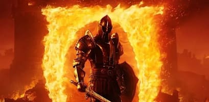 A knight stands in front of the burning Oblivion logo