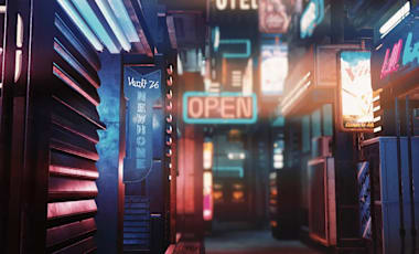 Fallout 76 alleyway at night with neon signs like ‘NO VACANCY’ and ‘OPEN,’ creating a cyberpunk-style atmosphere.