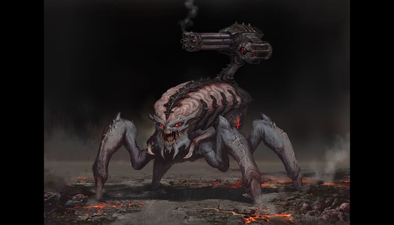 Concept artwork of the Arachnotron, smoke rising from its mounted cannon.