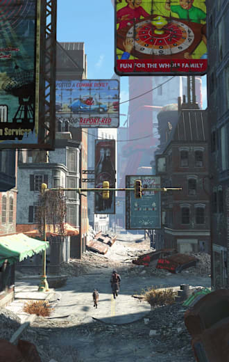 Sole Survivor ve Dogmeat harap olmuş bir şehirde, eski reklam panolarının sıralandığı bir caddede yürüyorlar.