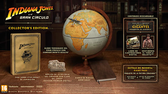 Ilustración del contenido de la Edición Coleccionista. Se muestra la réplica de la reliquia del Creador, el globo terráqueo del Gran Círculo,
el diario de nuevas aventuras,
el estuche Jumbo SteelBook, la expansión de historia La Orden de los Gigantes, el libro de ilustraciones digital y la vestimenta El templo maldito.