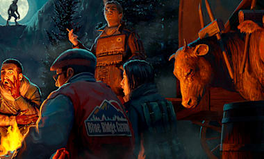 A caravan stops for the evening around a campfire. Several characters appear rapt to another character as if telling a ghost story. In the distance, a large bipedal wolf creature howls while backed by the full moon.