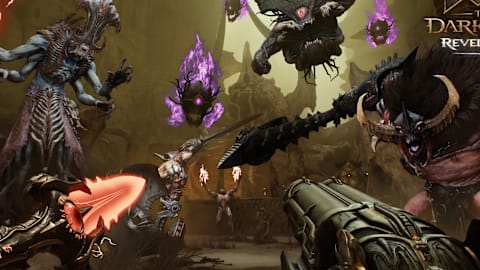 A chaotic scene from a video game featuring monstrous creatures, including a large beast with spikes, attacking a character wielding a futuristic weapon. Purple magic orbs float around, adding to the intensity of the battle.