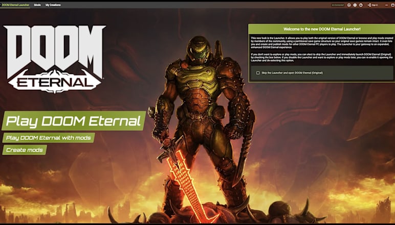 Image of DOOM Eternal Launcher which greets players in the PC Mods Update.