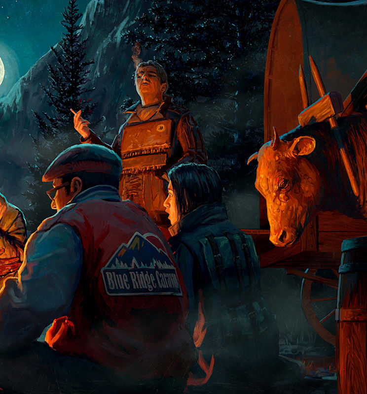 A caravan stops for the evening around a campfire. Several characters appear rapt to another character as if telling a ghost story. In the distance, a large bipedal wolf creature howls while backed by the full moon.