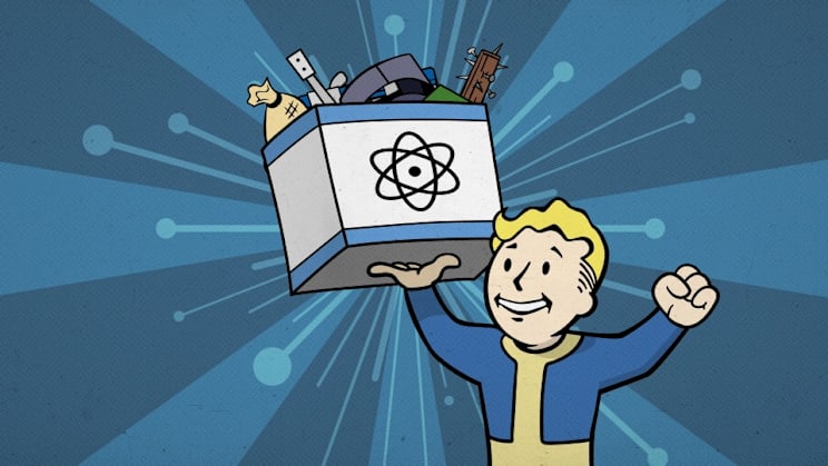 Vault Boy lifts a box of of various items - the box features an Atoms logo on the front