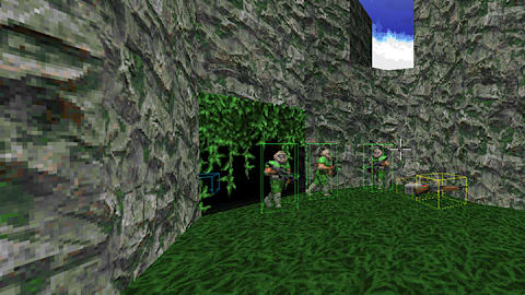 An outdoor level with jungle and rocky cliffs.