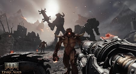 The Slayer taking aim at an approaching enemy with a large demon wielding a sword in the background.