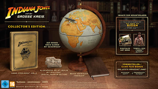 Werbebilder der Collector's Edition, die die Allschöpfer-Relikt-Replik, den „Der Große Kreis“-Globus,
das Neues-Abenteuer-Tagebuch,
die Jumbo-SteelBook-Hülle, den DLC „Der Orden der Riesen“, das digitale Artbook und das „Tempel des Todes“-Outfit zeigen.