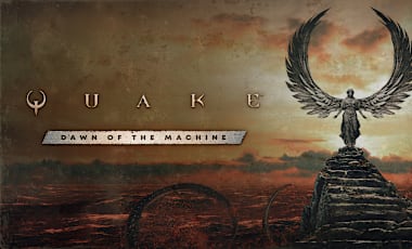 Key art for Dawn of the Machine, featuring an angelic statue forming the Quake "Q" symbol.