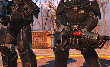 Two players in power armor standing outside of a vault