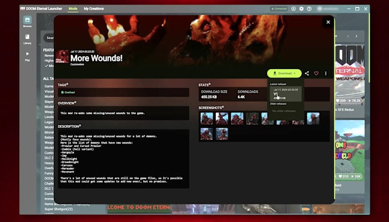 Image of selecting download in DOOM Eternal Mods Browser.
