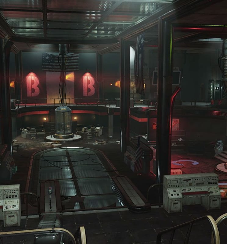 The inside of a factory with glowing red lights.