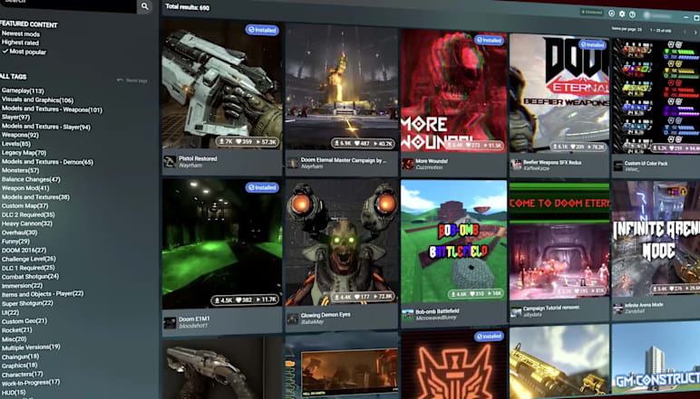 Image of the Mods Browser from DOOM Eternal.