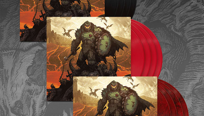 A comparison image of the three LP color variants available: traditional black, translucent red and red-and-black marble. All three versions feature the same exterior artwork of the DOOM Slayer.