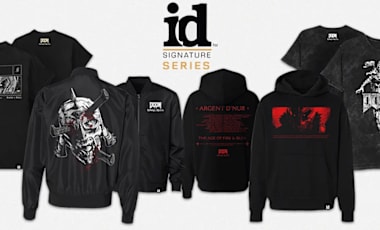 A row of hoodies and t-shirts from Wave1 of the id Signature Series, featuring designs from DOOM: The Dark Ages.
