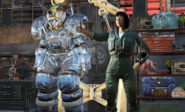 A player character in a jumpsuit gives a thumbs-up next to a suit of Power Armor.