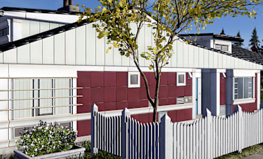 A modern, two-story house with white and red paneling, surrounded by a white picket fence from Fallout 76