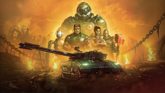Key art of the World of Tanks event featuring DOOM characters and the 'FV225 Mk. BFG' Tank.