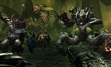 Image of DOOM: The Dark Ages from the Ripatorium with an army of demons stranding in front of the DOOM Slayer.