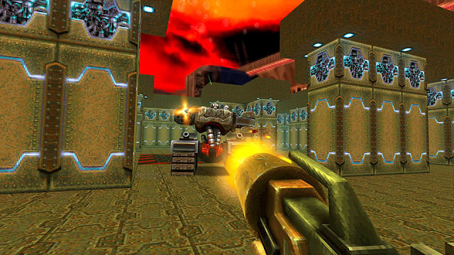 The player fires upon a boss creature in Quake II
