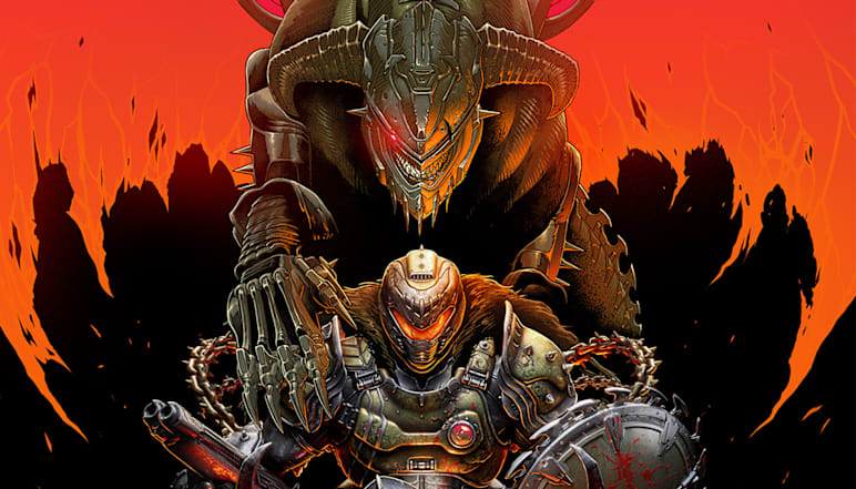 Art poster by artists Luke Preece and Billelis featuring the DOOM Slayer, Serrat and a defeated Lost Soul.
