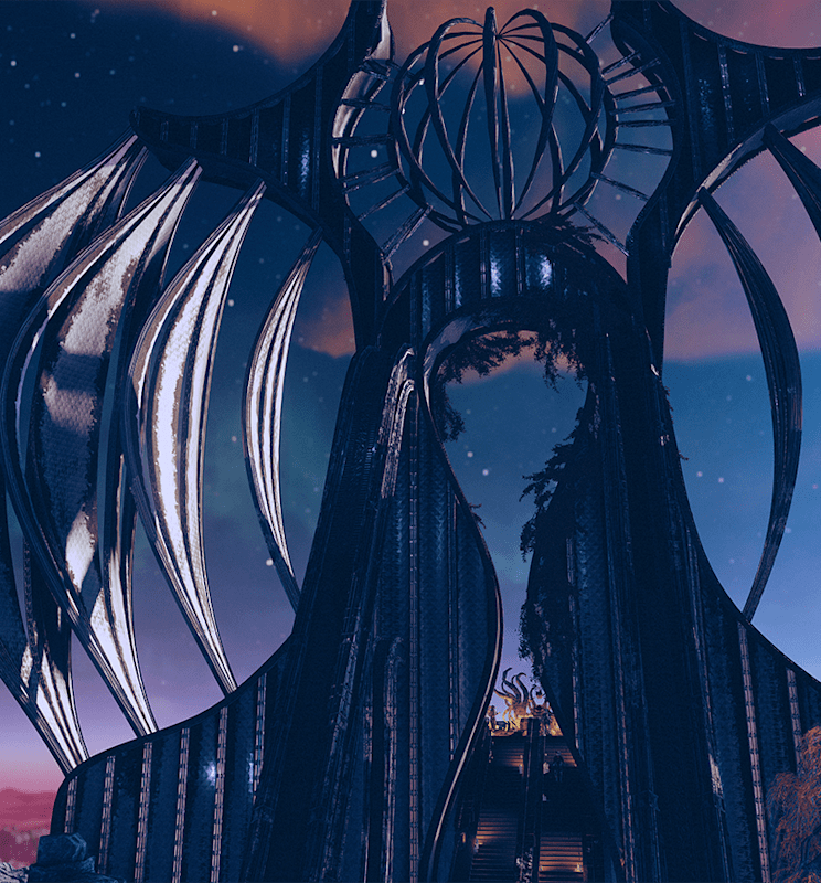 Close up of an alien structure with a colorful night sky in the background.