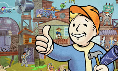 Vault Boy gives a thumbs-up while wearing a construction hardhat and holding blueprints. 