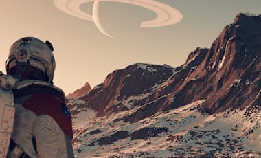 A person in a spacesuit exploring a planet