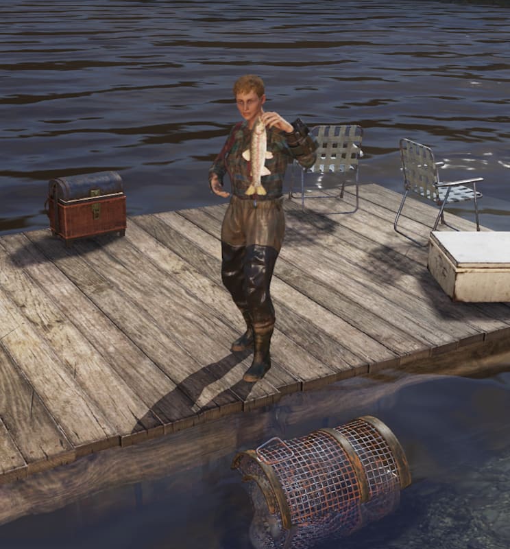 A female character is standing on a dock, holding out a fish they just caught. On the dock are two chairs and a cooler. On the side of the dock is a netted trap used to catch fish.