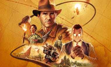 Indiana Jones and the Great Circle key art, showing a collage featuring Indiana Jones, Gina Lombardi, Emmerich Voss, and Locus