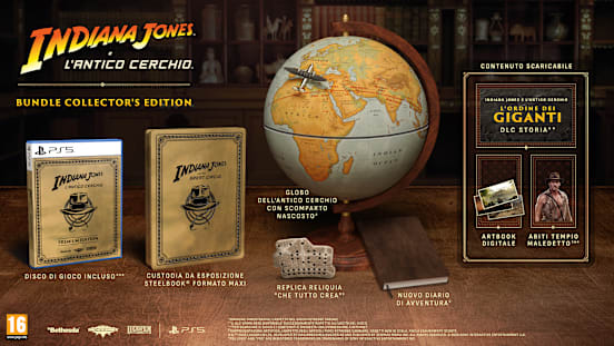 Illustrazione del bundle Collector's Edition che mostra la replica della reliquia "Che tutto crea", il globo dell'antico Cerchio,
il diario delle nuove avventure, la custodia SteelBook formato maxi, il DLC L'Ordine dei Giganti, l'artbook digitale, gli abiti Tempio maledetto e il pacchetto L'ultima crociata (bonus preordine).