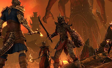 The Elder Scrolls Online screenshot featuring heroes preparing for battle against Mehrunes Dagon