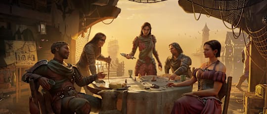 Members of the Thieves Guild gather around a table in ESO