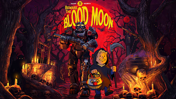 An image of Vault Boy with someone in Power Armor walking through a forest bathed in red.