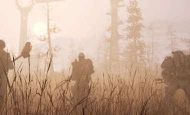 Three figures travel in a foggy field. Obscured by fog in the background are trees and ruins from a monorail.