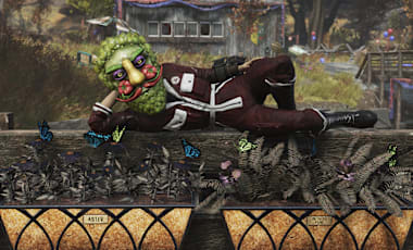 Veggie man laying on a railing with flower boxes.