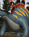 A screenshot of a large blue dinosaur with orange, red, and black pointy scales along its spine